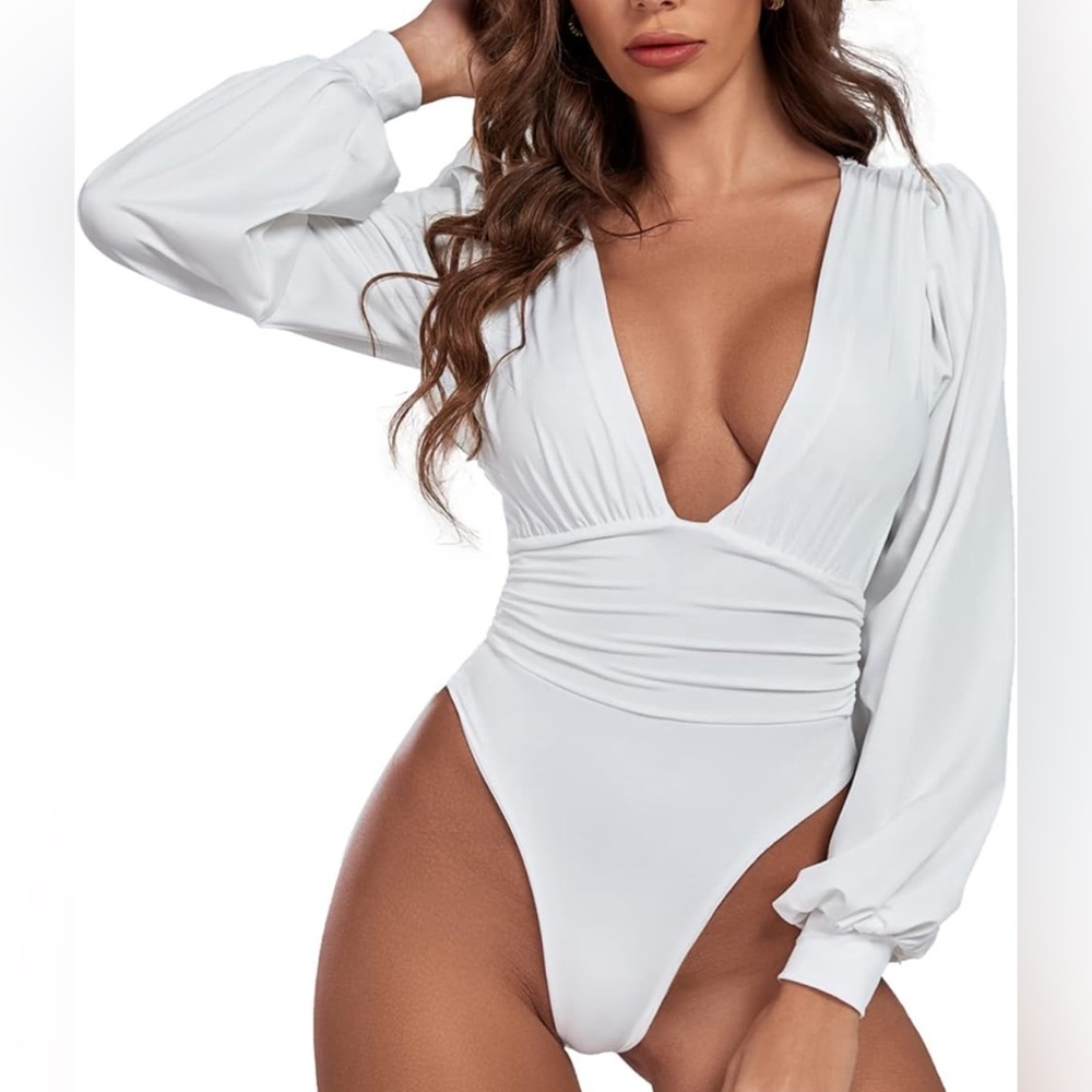 Plunge neck white bodysuit